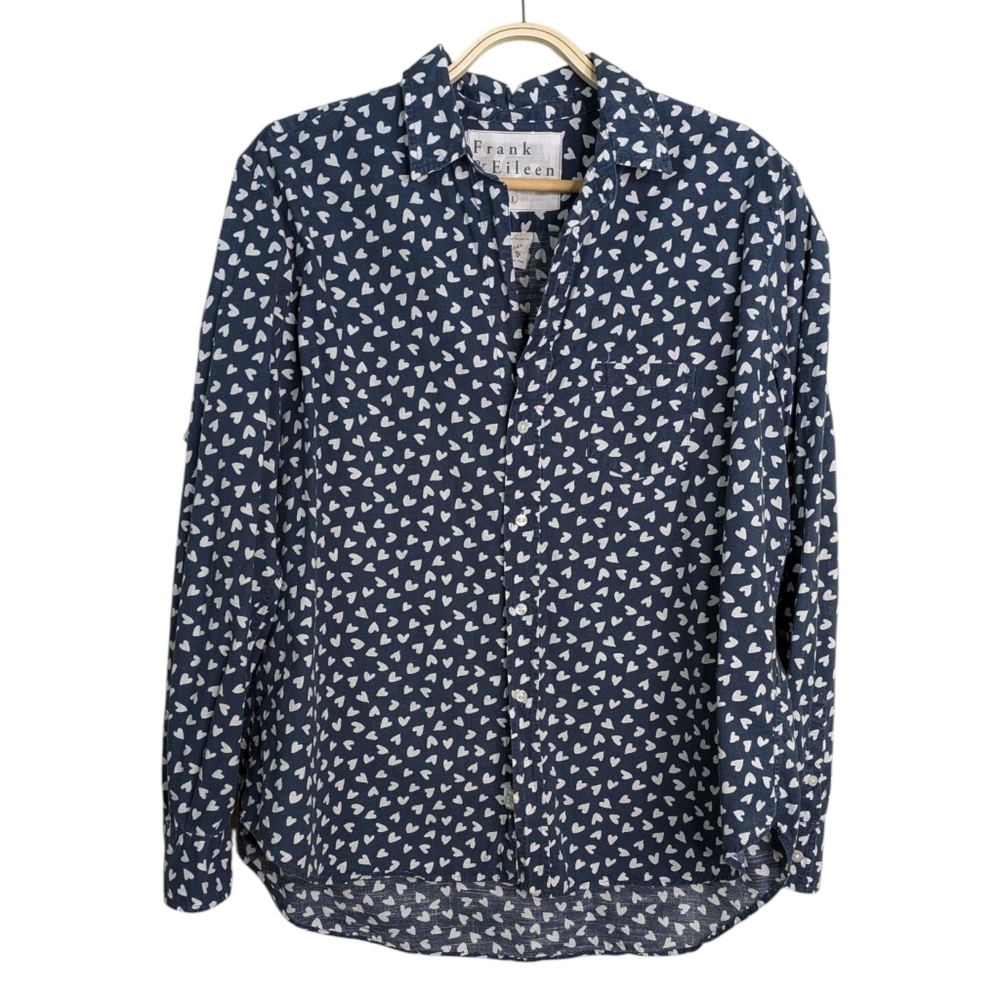 Frank & Eileen Eileen Button Front Shirt Large Navy White Heart Print Long Sleev